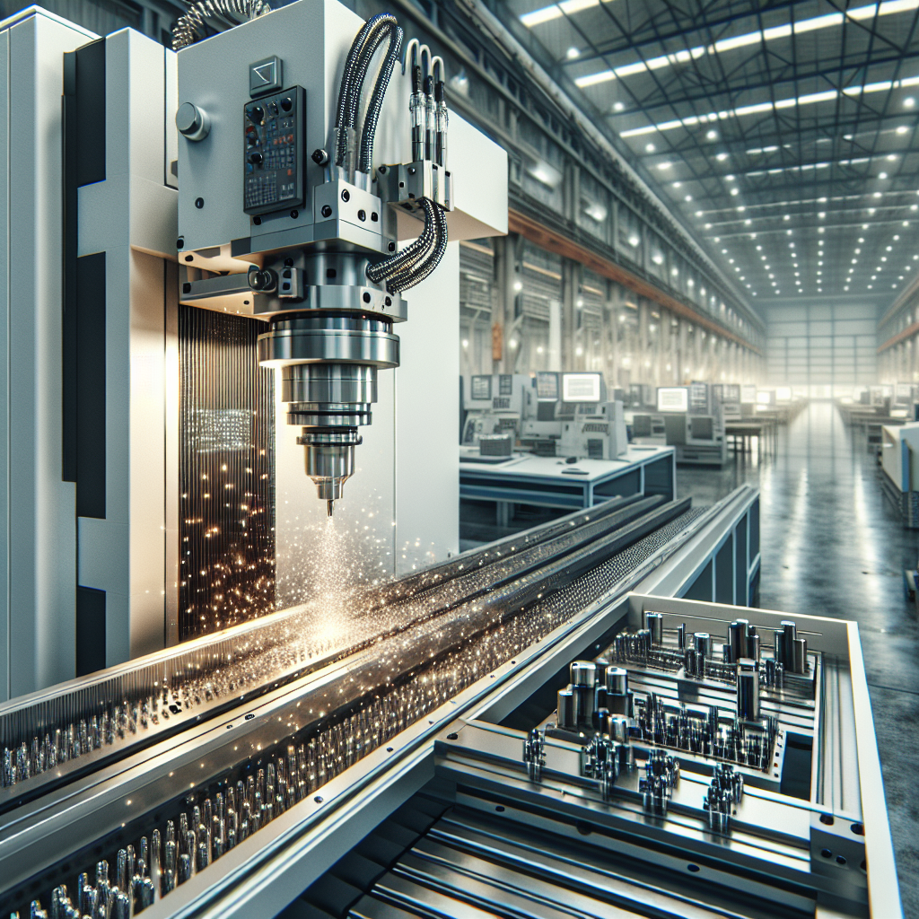 מכונת CNC מתקדמת מבצעת עיבוד שבבי מדויק של מתכת במפעל מודרני, מדגישה את תהליכי כרסום-וחריטה CNC ותעשיית עיבוד שבבי בצפון