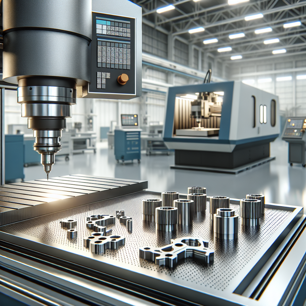 מכונת כרסום וחריטה CNC בפעולה עם חלקי מתכת מעובדים בדיוק גבוה על שולחן עבודה תעשייתי, עיבוד שבבי מדויק בצפון