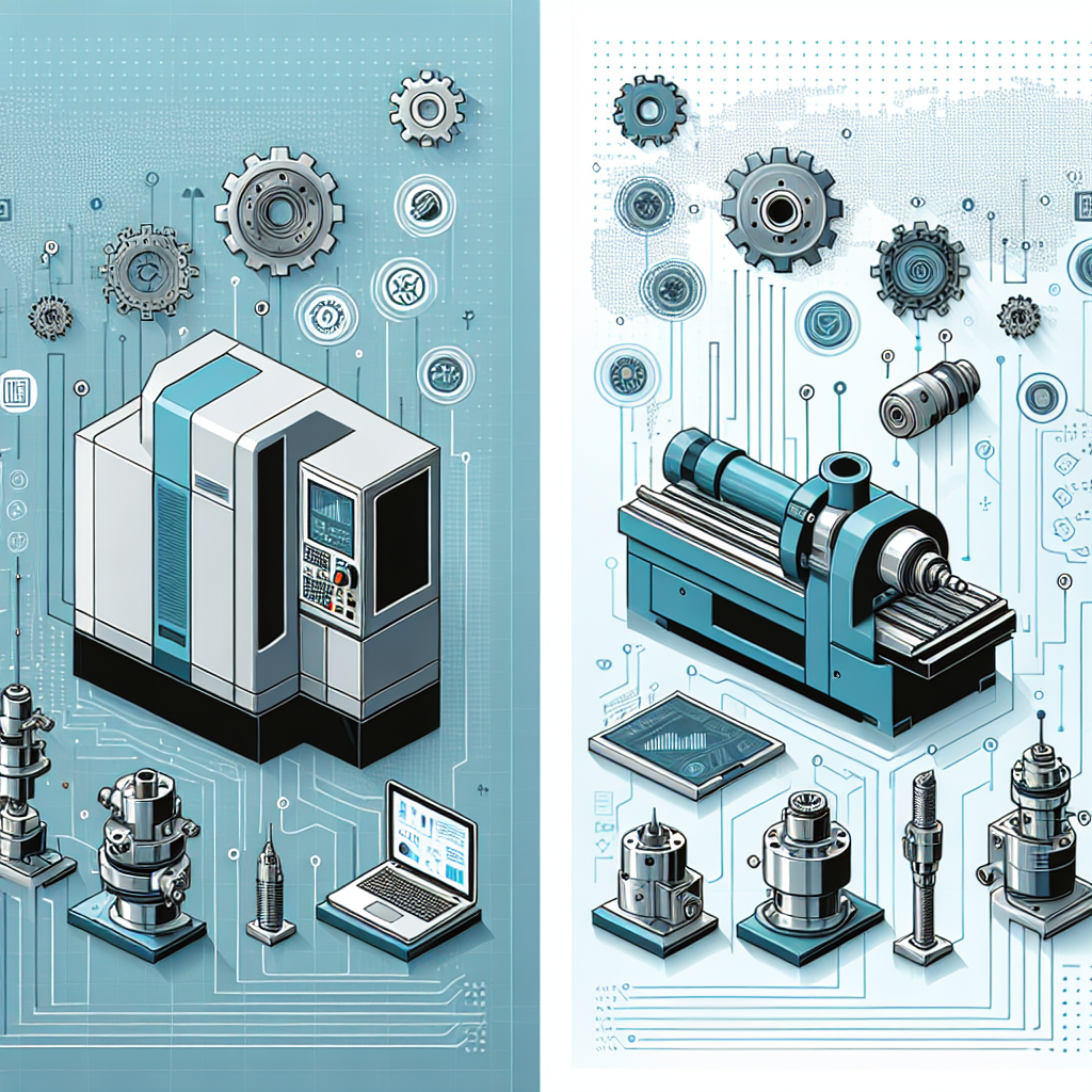 השוואה ויזואלית בין חרט CNC לכרסם CNC עם אלמנטים של עיבוד שבבי מדויק, סמלים הנדסיים וציוד מתכת על רקע טכנולוגי – מתאים למפעלי מתכת ועיבוד שבבי בצפון